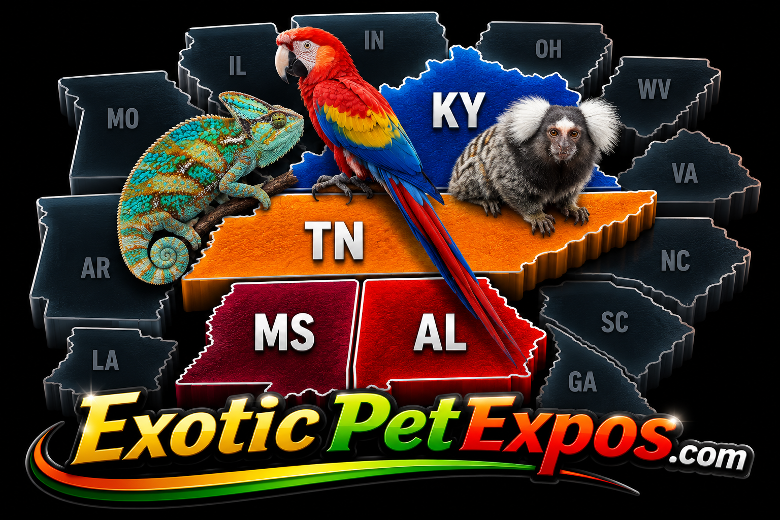 Exotic Pet Expos map showing Tennessee, Kentucky, Alabama, Mississippi and surrounding states